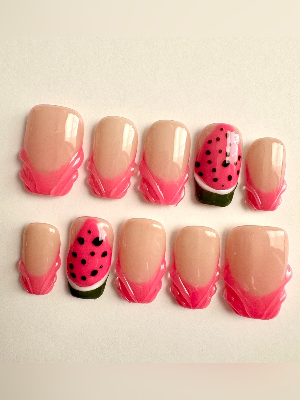 Pink French Tip 3D Watermelon Accent Press-On Nails